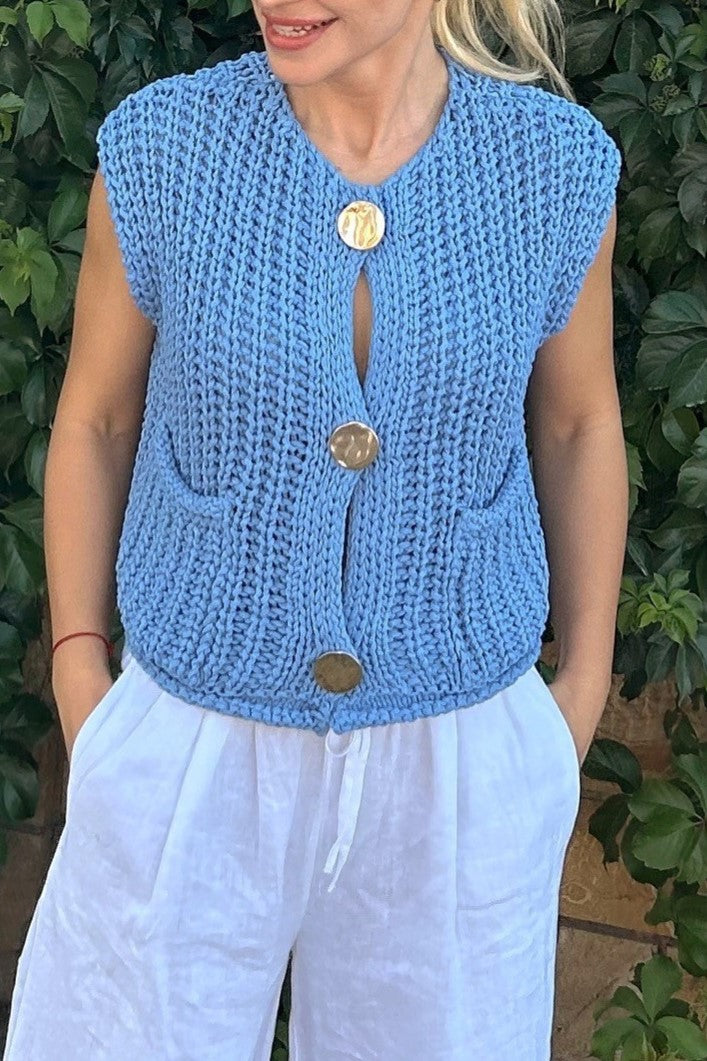 Boxy Chunky Knit Cap Shoulder Button Cardigan - blue - 2