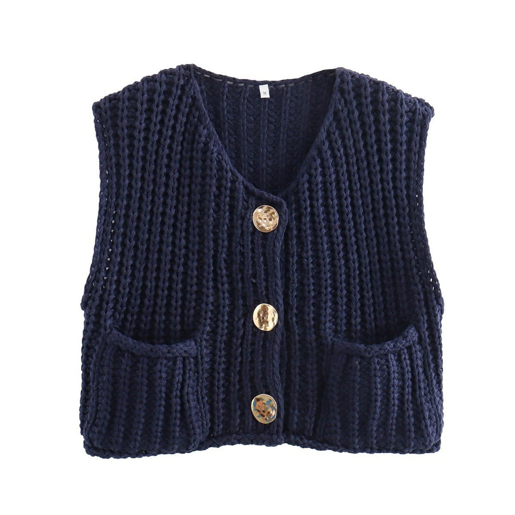 Boxy Chunky Knit Cap Shoulder Button Cardigan - navy - 1