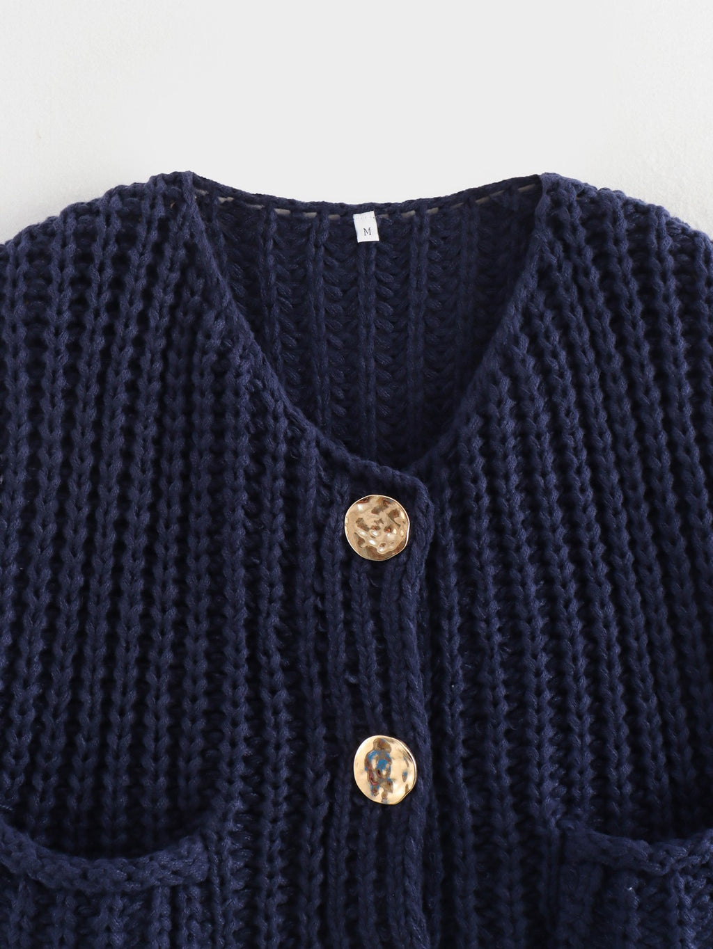 Boxy Chunky Knit Cap Shoulder Button Cardigan - navy - 2