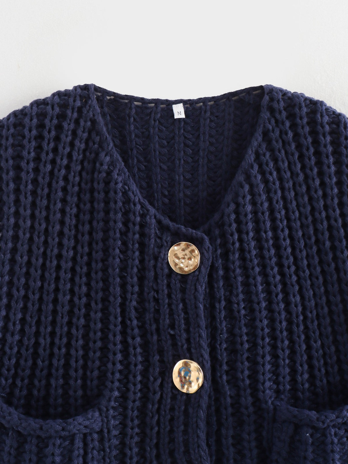Boxy Chunky Knit Cap Shoulder Button Cardigan - navy - 2