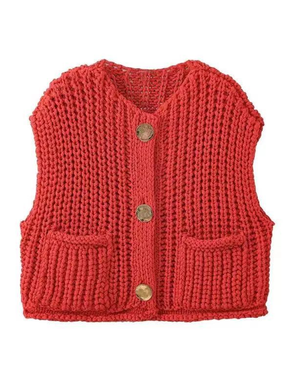 Boxy Chunky Knit Cap Shoulder Button Cardigan - red