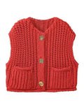 Boxy Chunky Knit Cap Shoulder Button Cardigan - red