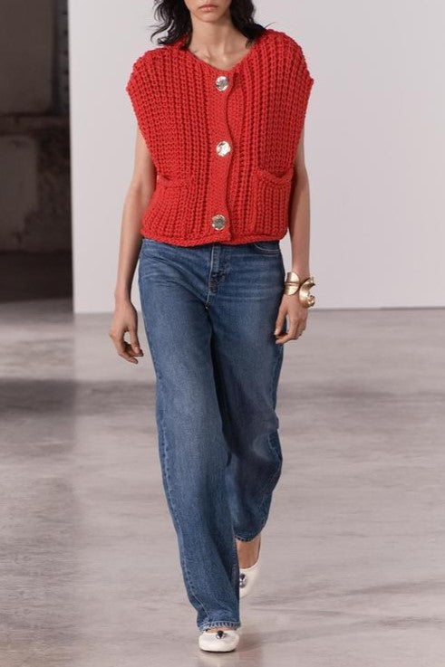 Boxy Chunky Knit Cap Shoulder Button Cardigan - red - 1