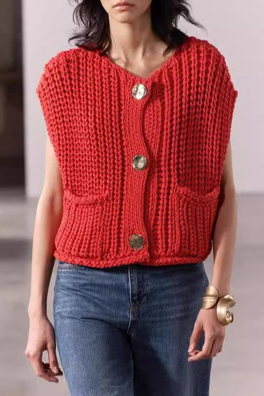 Boxy Chunky Knit Cap Shoulder Button Cardigan - red - 3