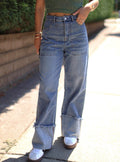 Wide Leg Jeans With Oversized Turn Up Cuffs - Blue