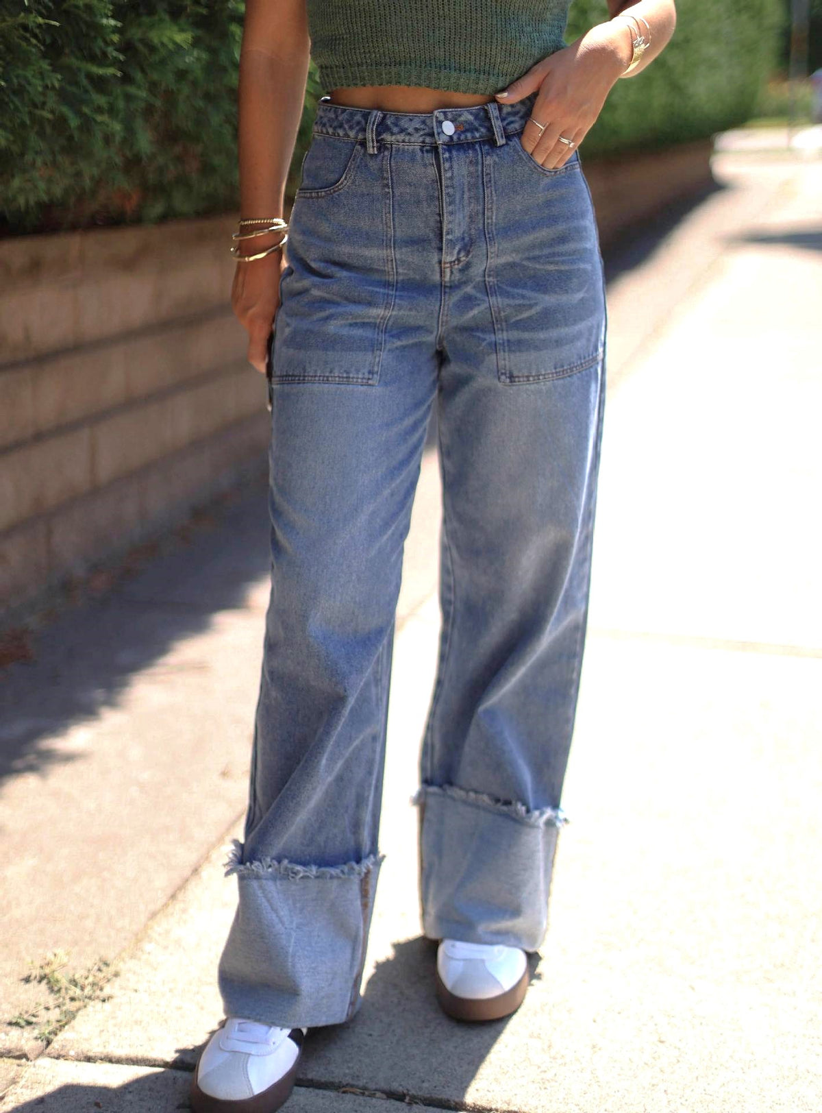 Wide Leg Jeans With Oversized Turn Up Cuffs - Blue