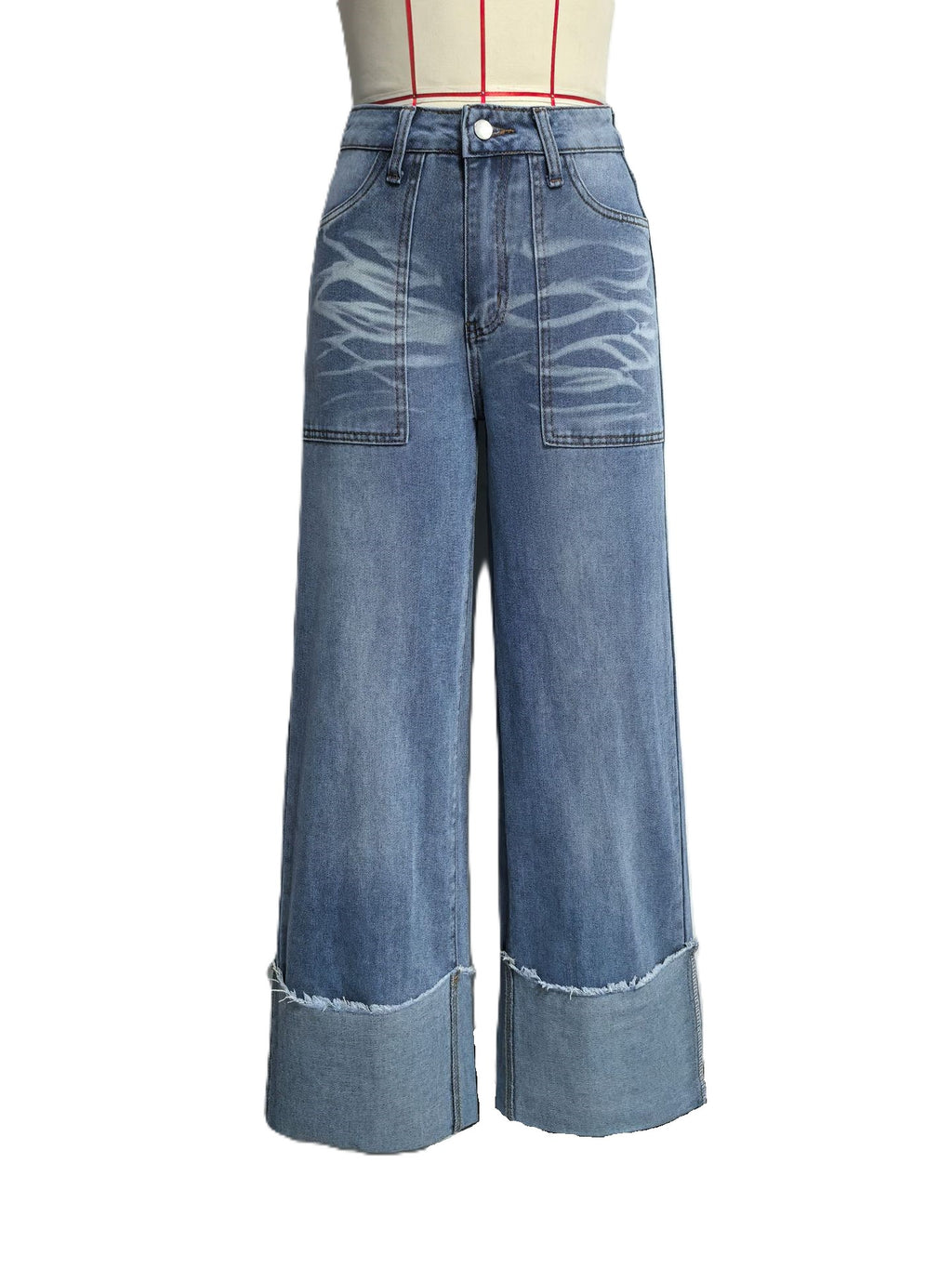 Wide Leg Jeans With Oversized Turn Up Cuffs - Blue - 3