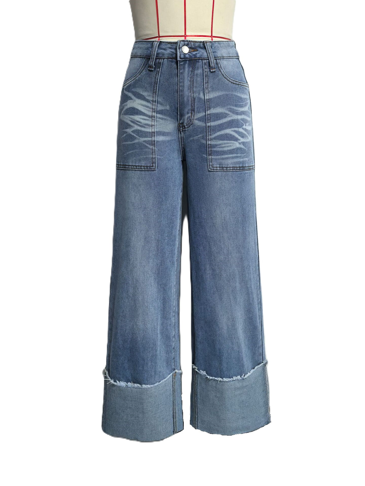 Wide Leg Jeans With Oversized Turn Up Cuffs - Blue - 3