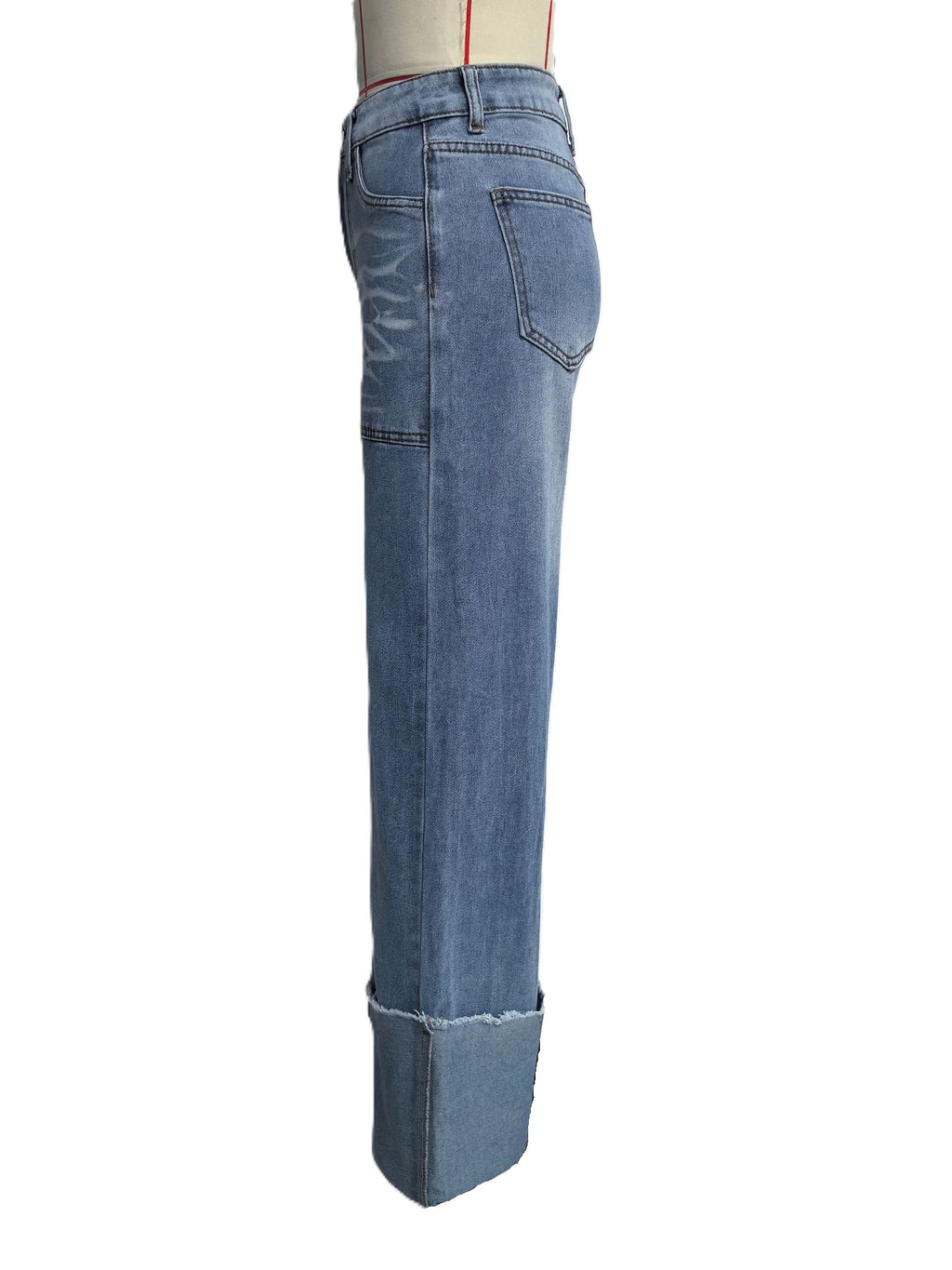 Wide Leg Jeans With Oversized Turn Up Cuffs - Blue - 4