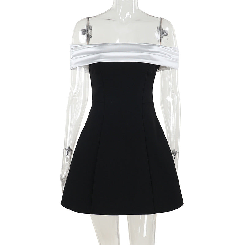 Off Shoulder Contrast Bow Mini Dress - Black
