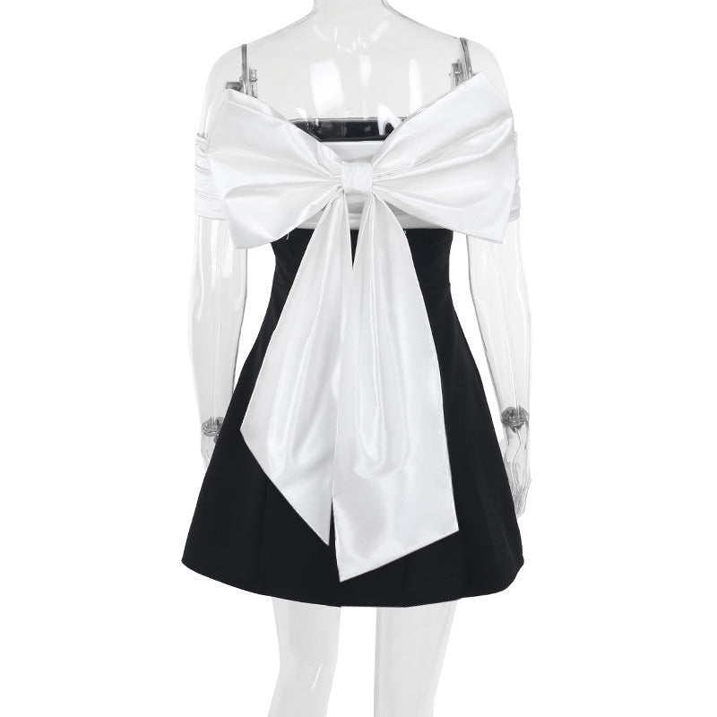 Off Shoulder Contrast Bow Mini Dress - Bow