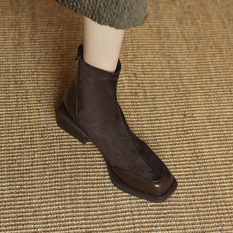 Square Toe Stretch Ankle Boots with Toe Cap - Brown Fleece