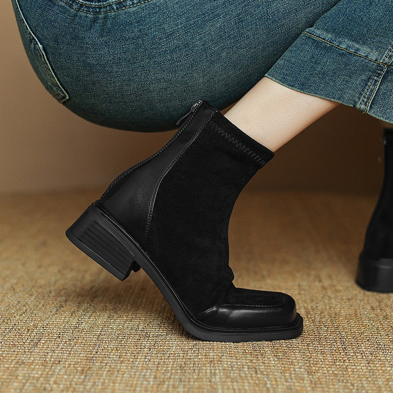 Square Toe Stretch Ankle Boots with Toe Cap