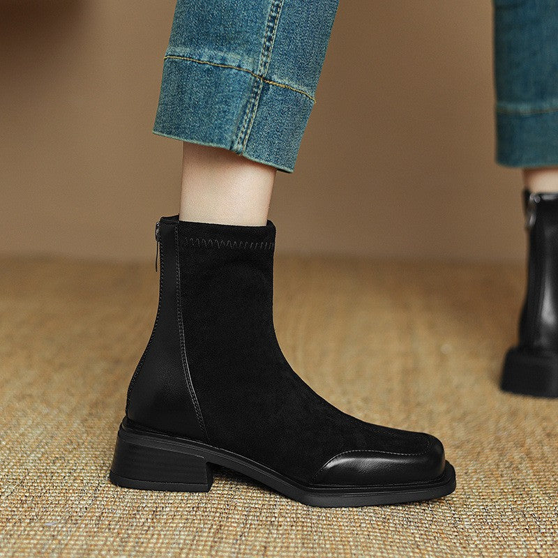 Square Toe Stretch Ankle Boots with Toe Cap