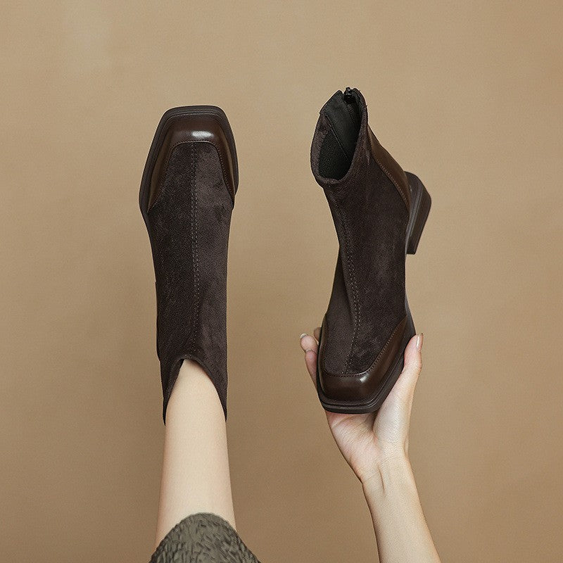 Square Toe Stretch Ankle Boots with Toe Cap