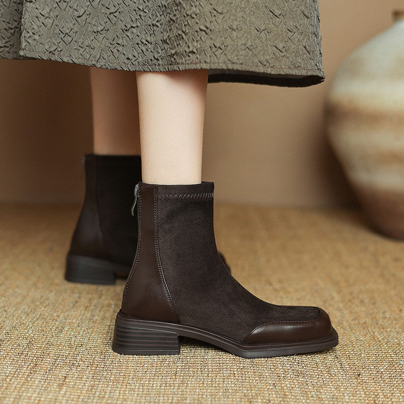 Square Toe Stretch Ankle Boots with Toe Cap
