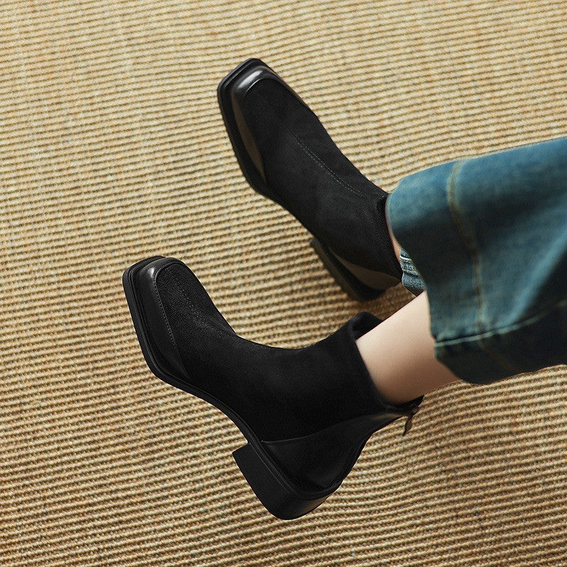 Square Toe Stretch Ankle Boots with Toe Cap