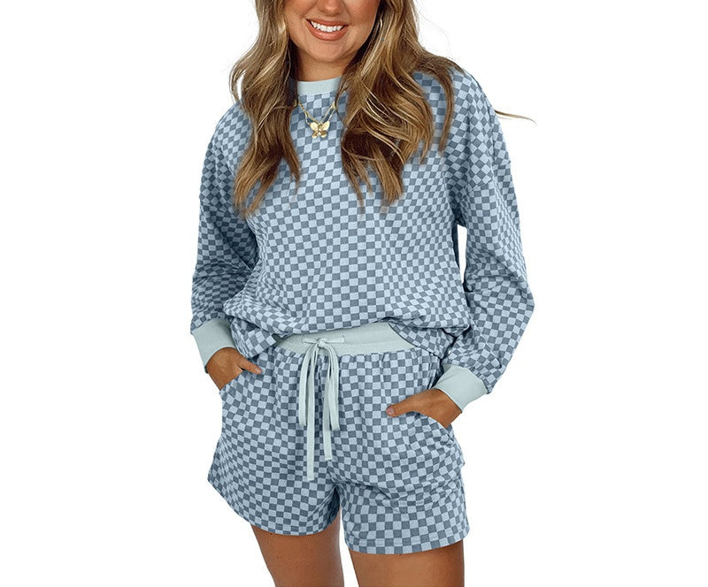Checkerboard Knit Top And Shorts Lounge Set - blue
