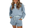 Checkerboard Knit Top And Shorts Lounge Set - blue