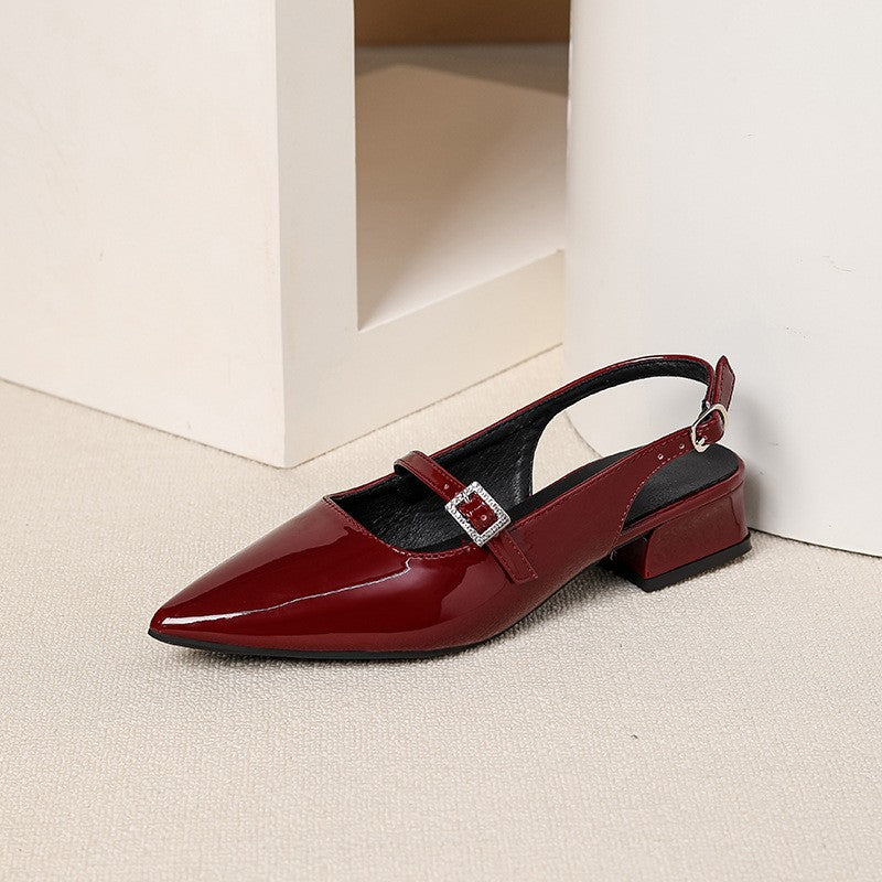 Pointed Toe Patent Slingback Mary Jane Shoes - Burgundy