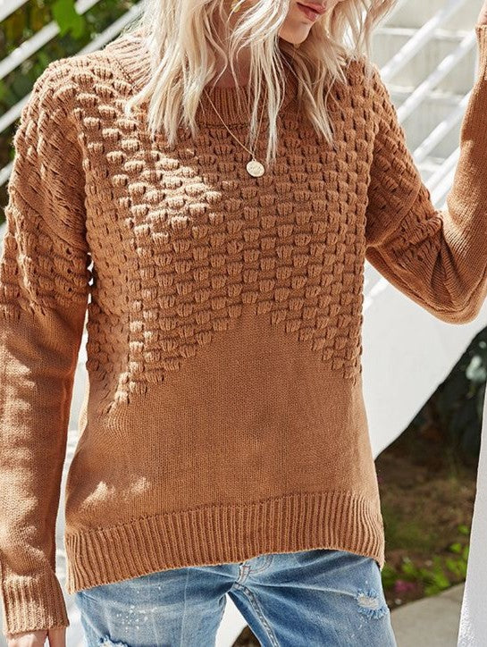Popcorn Texture Panel Crewneck Sweater - Brown - 1