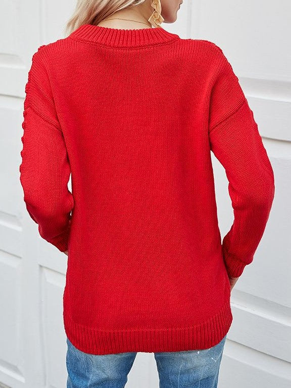 Popcorn Texture Panel Crewneck Sweater - Red - 1