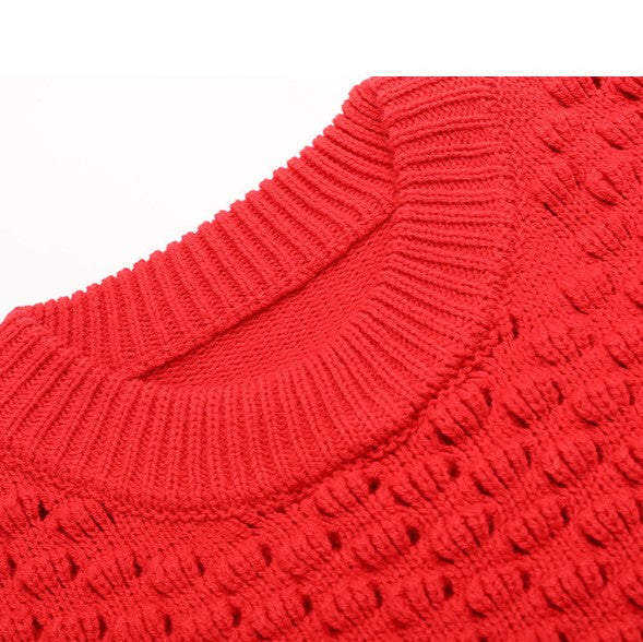 Popcorn Texture Panel Crewneck Sweater - Red - 2