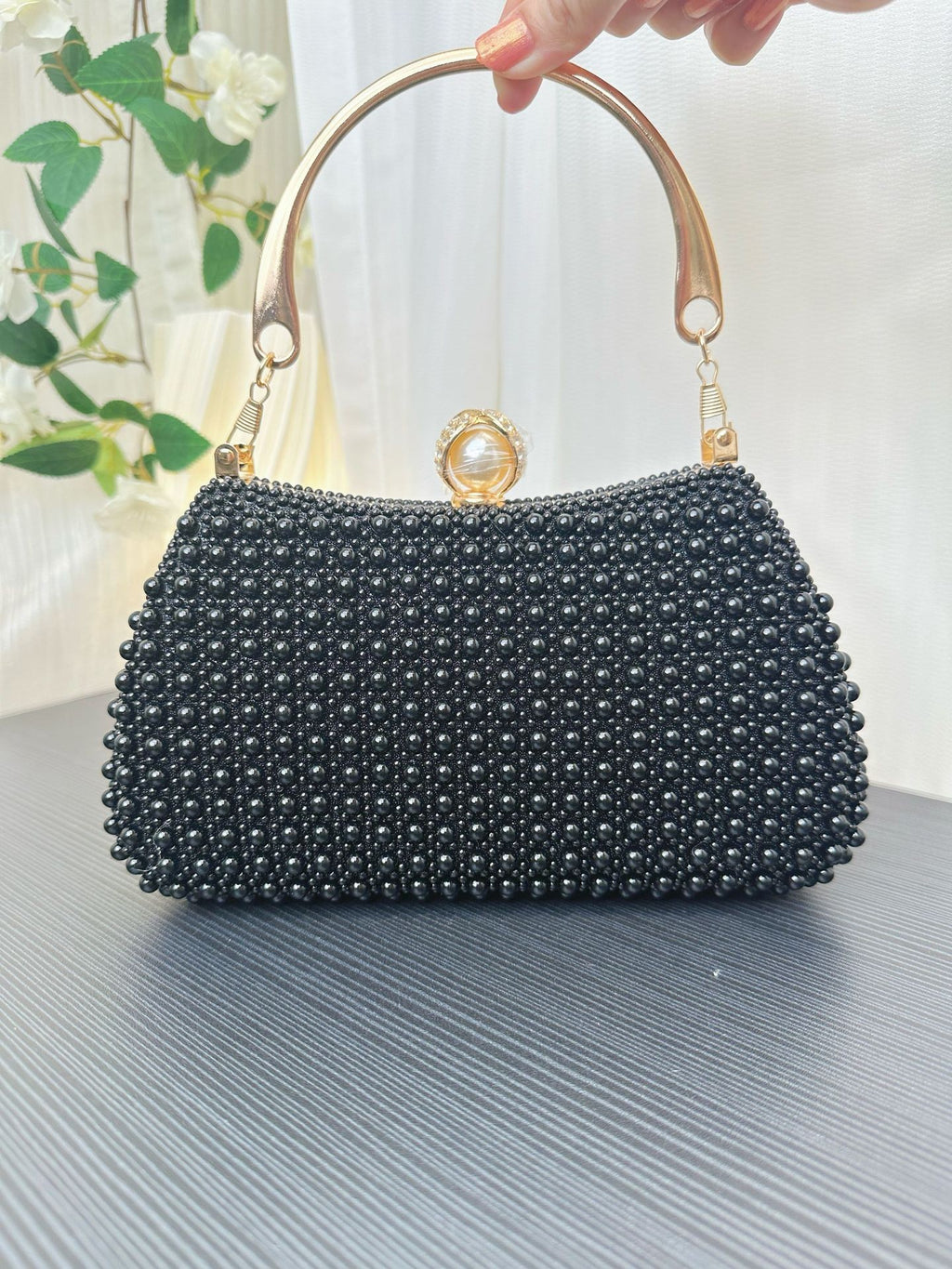 Pearl Beaded Top Handle Evening Bag - Black