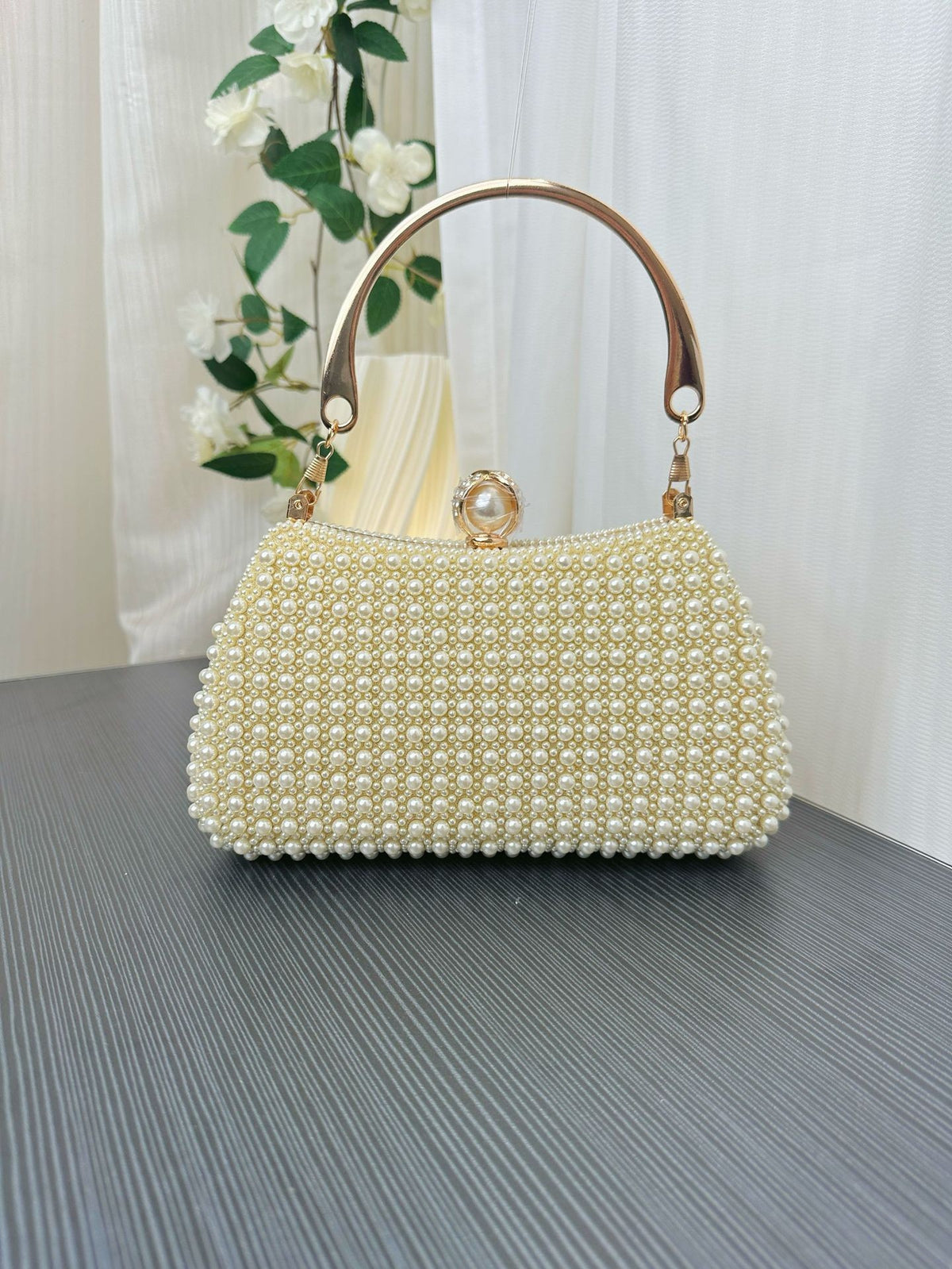 Pearl Beaded Top Handle Evening Bag - Gold