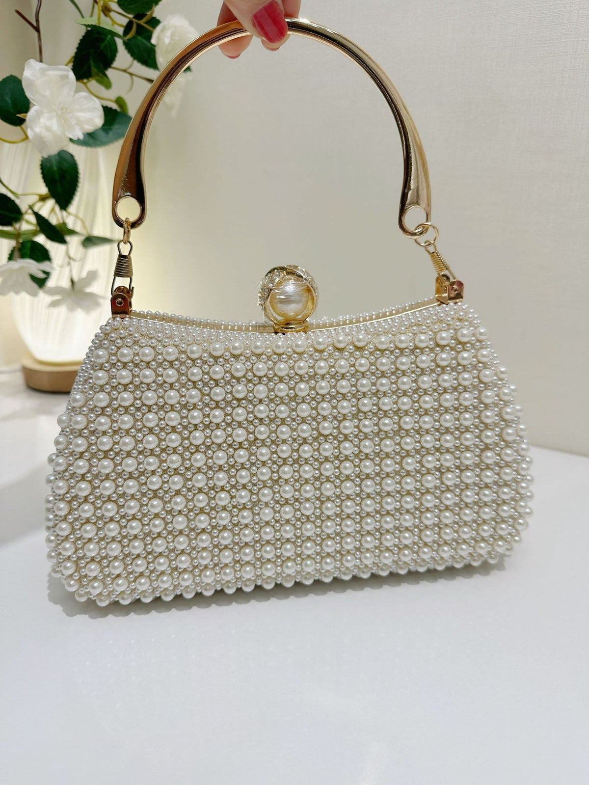 Pearl Beaded Top Handle Evening Bag - Ivory