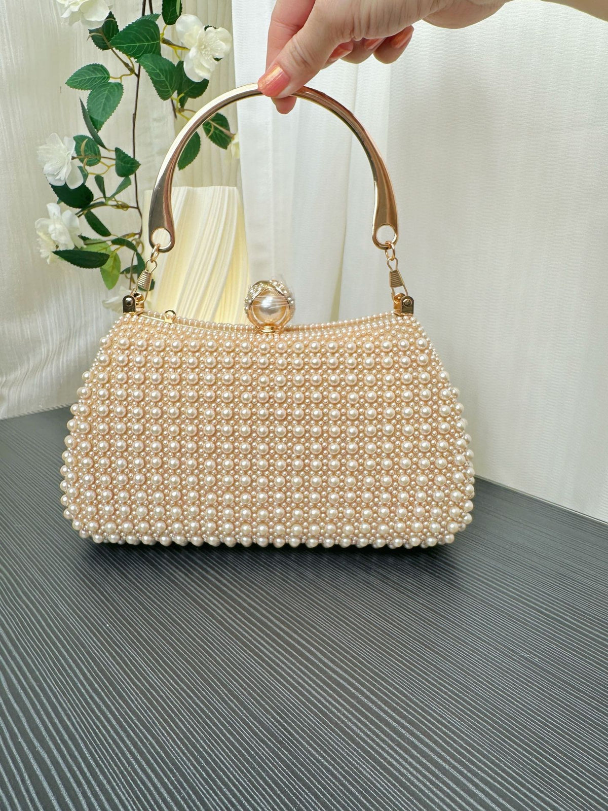 Pearl Beaded Top Handle Evening Bag