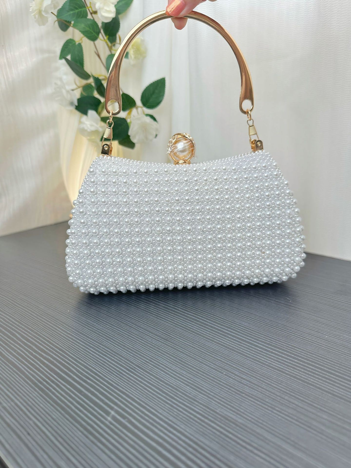 Pearl Beaded Top Handle Evening Bag