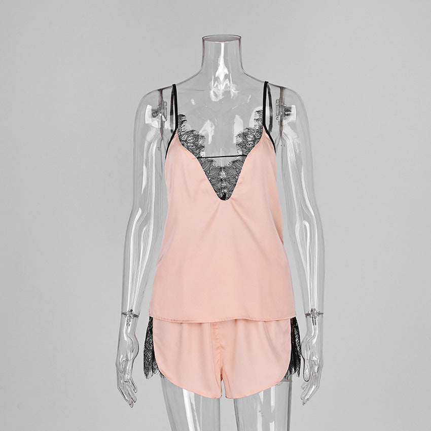 Silky Lace-Panel V-Neck Cami & Shorts Pajama Set - view 2