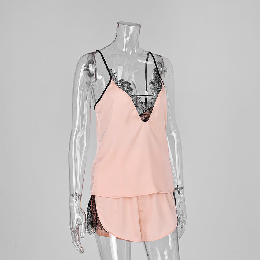 Silky Lace-Panel V-Neck Cami & Shorts Pajama Set - view 3