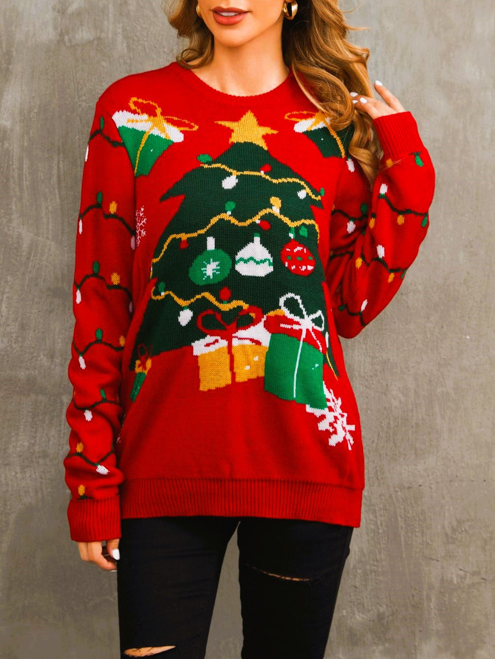 Christmas Tree Pom Pom Knit Sweater - Red - 3