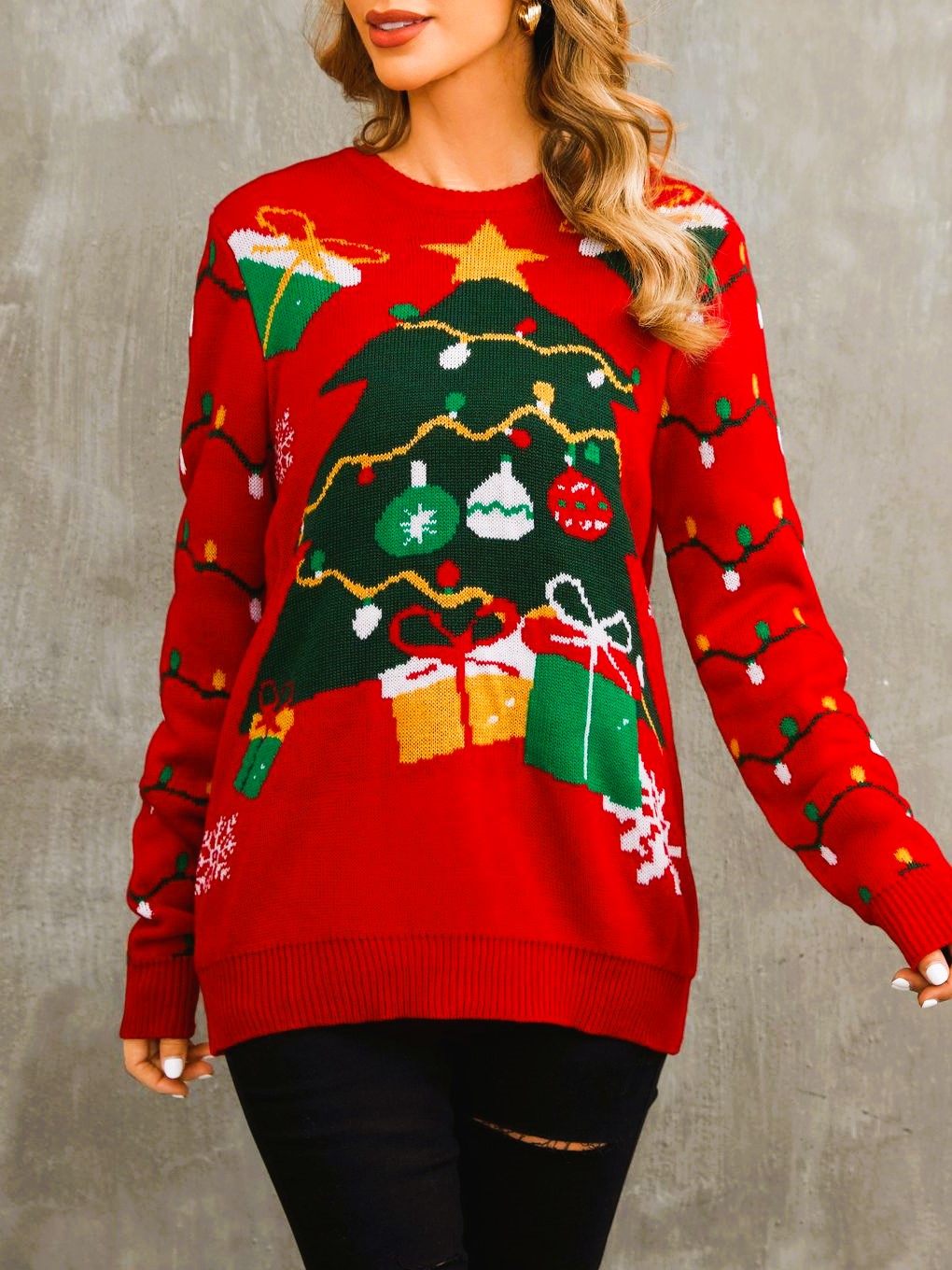 Christmas Tree Pom Pom Knit Sweater - Red - 4