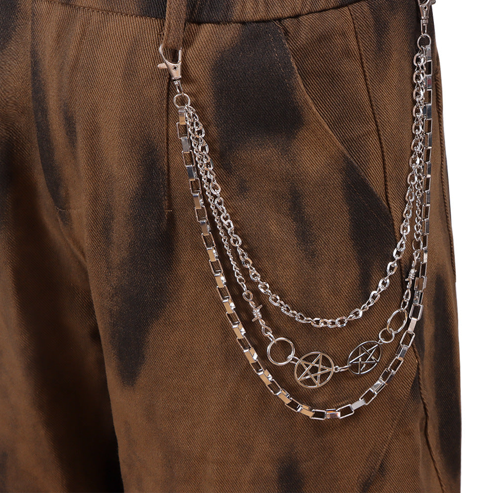 Silver Pentagram Charm Box Link Three-Tier Jean Chain - Silver
