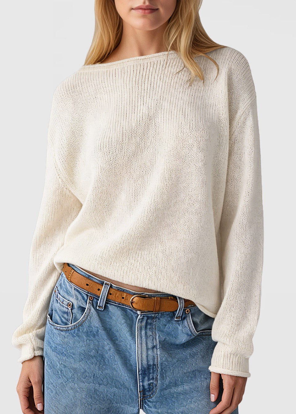 Boat Neck Slouchy Knit Pullover Sweater - Apricot