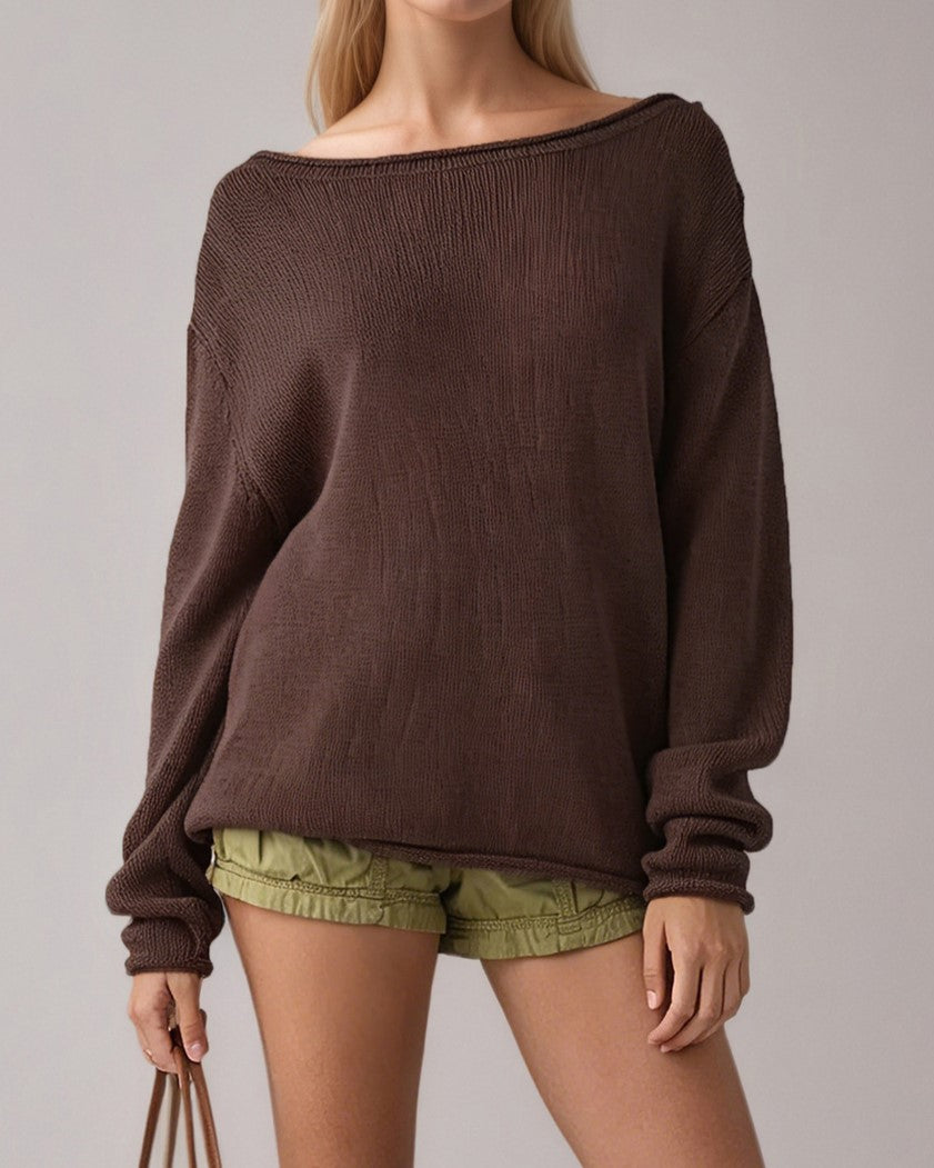 Boat Neck Slouchy Knit Pullover Sweater - Coffee