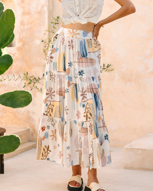 Abstract Floral Print Tiered Maxi Skirt - Color_1