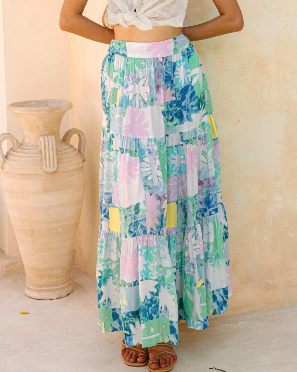Abstract Floral Print Tiered Maxi Skirt - Color_3