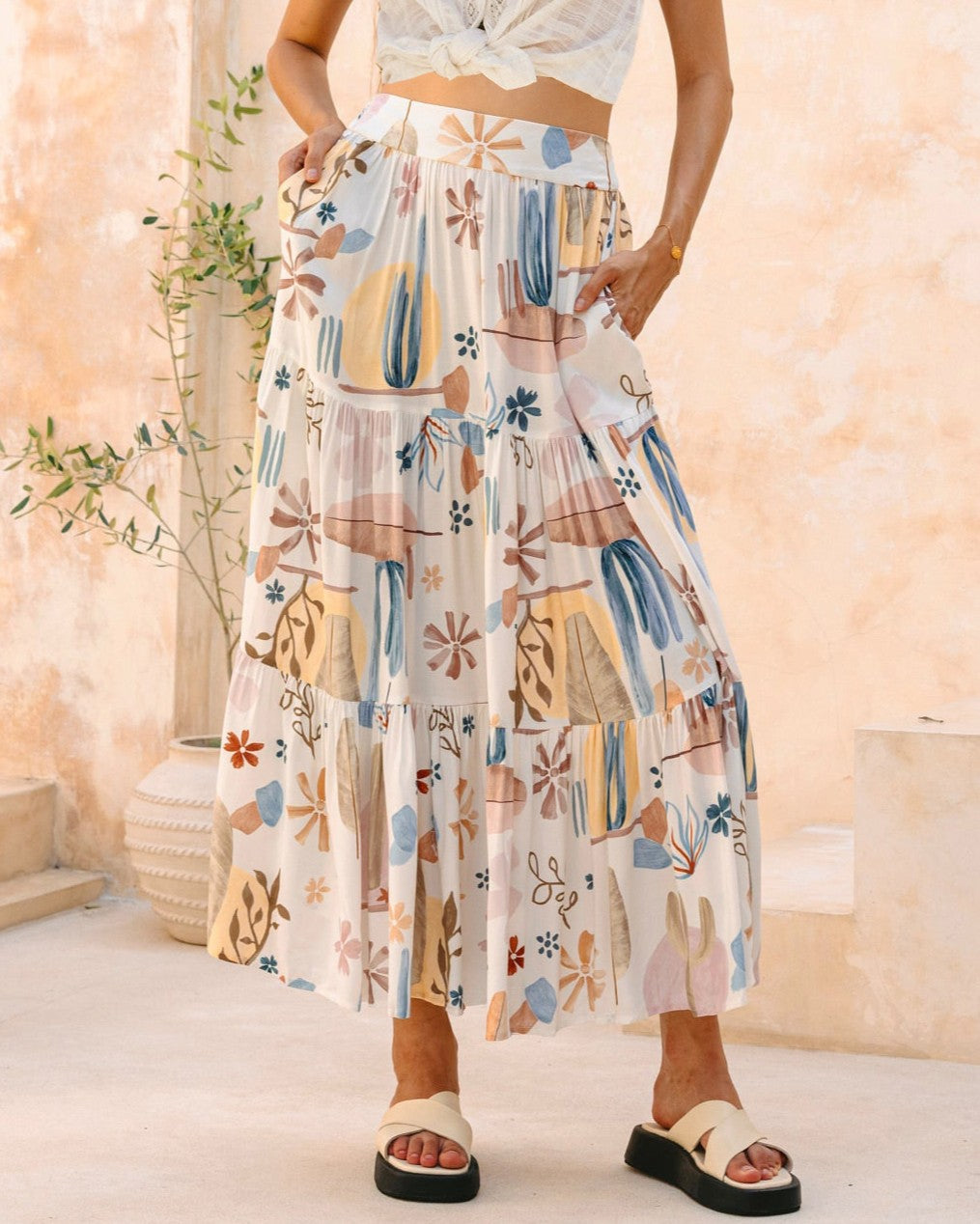 Abstract Floral Print Tiered Maxi Skirt - Color_3 - 2