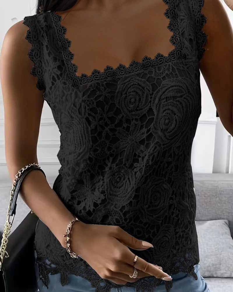 Square-Neck Crochet Lace Tank with Scalloped Trim - Black