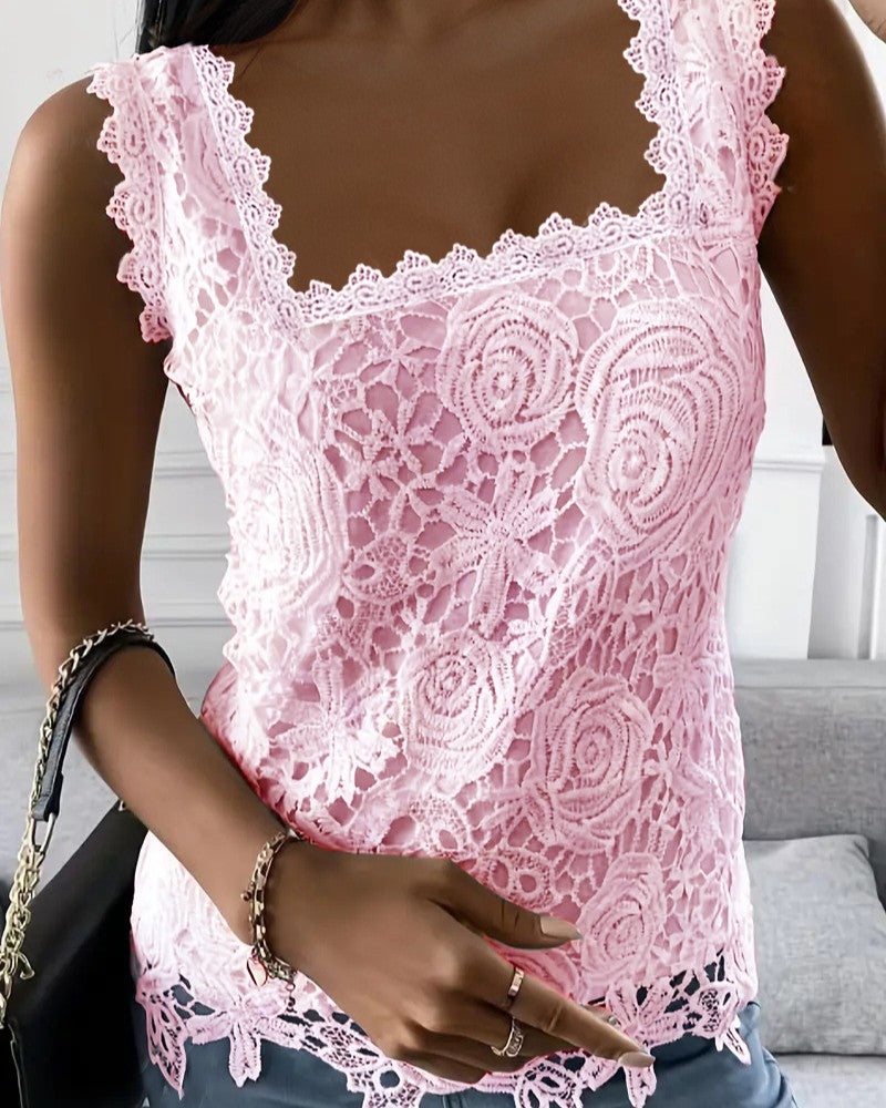 Square-Neck Crochet Lace Tank with Scalloped Trim - Pink