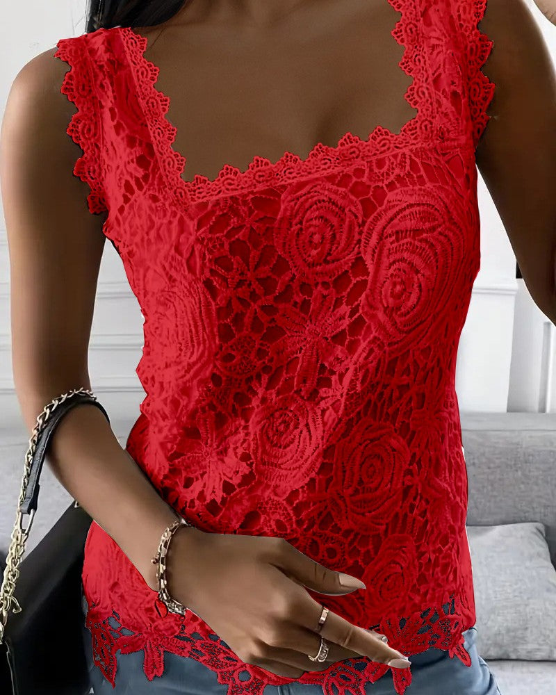 Square-Neck Crochet Lace Tank with Scalloped Trim - Red