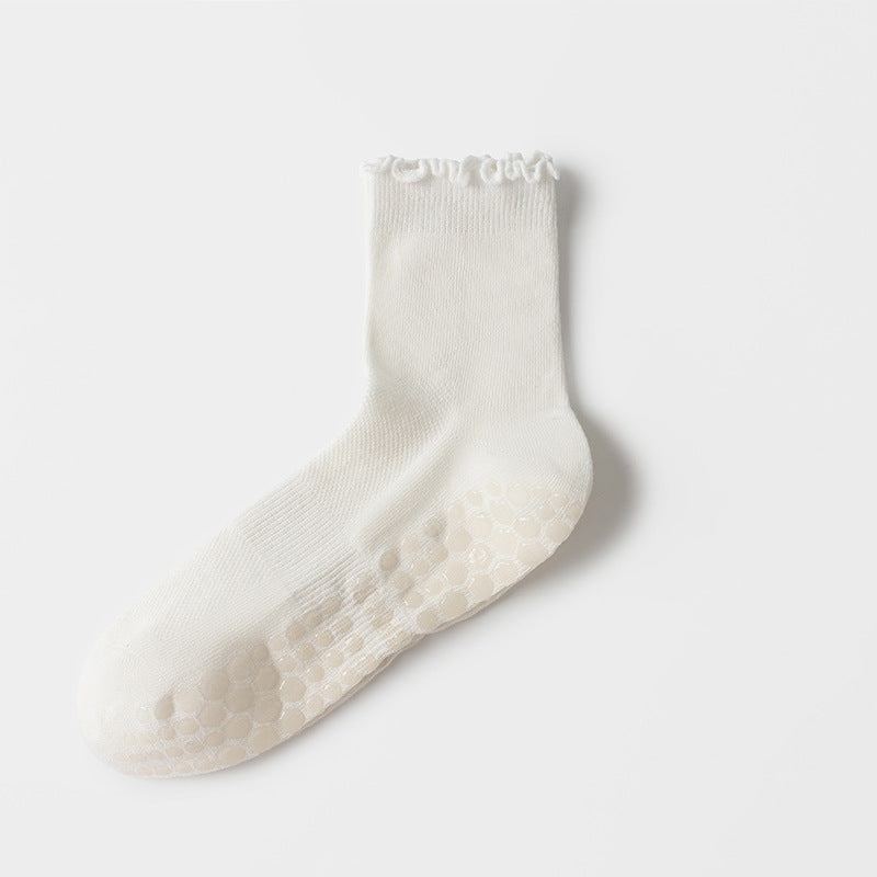 Solid Knit Lettuce Trim Crew Pilates Grip Socks - Beige