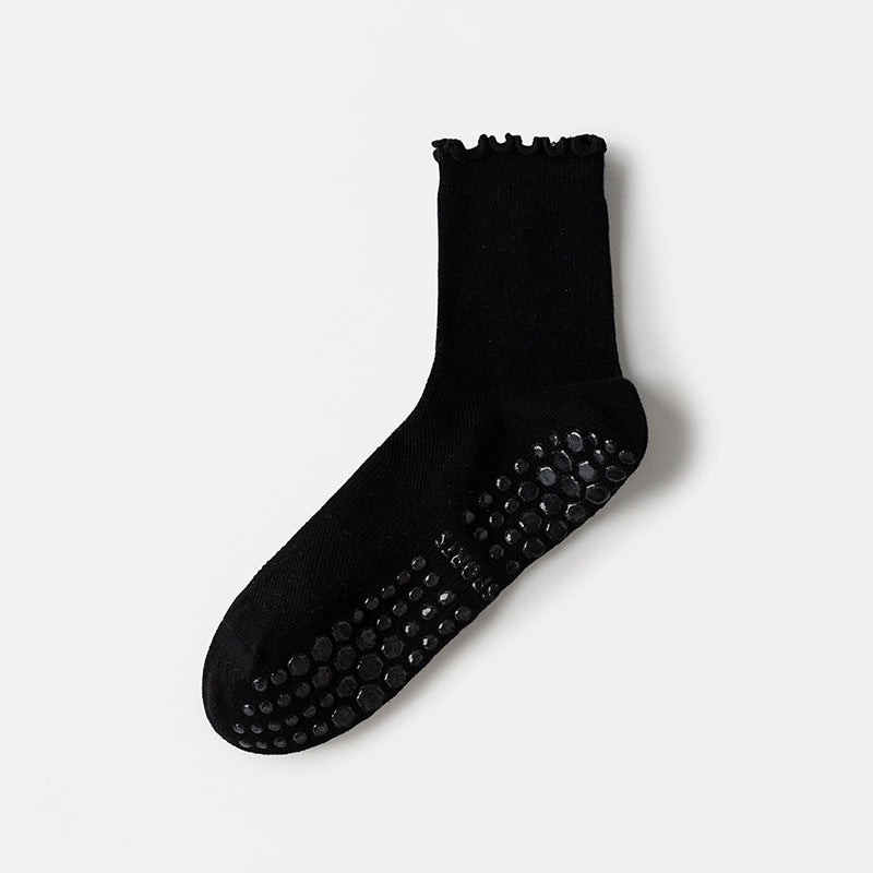 Solid Knit Lettuce Trim Crew Pilates Grip Socks - Black