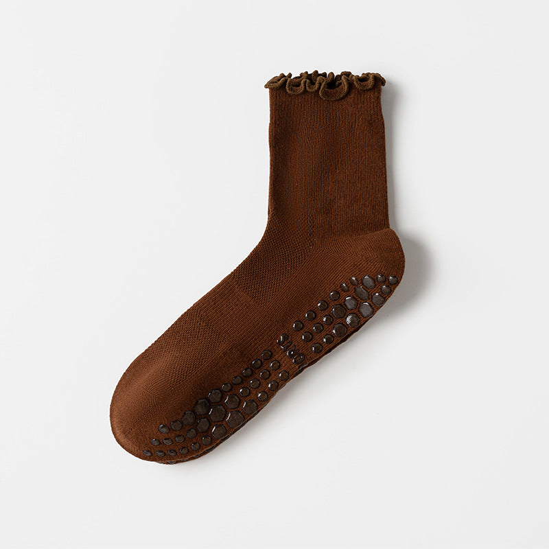 Solid Knit Lettuce Trim Crew Pilates Grip Socks - Coffee