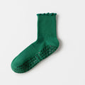 Solid Knit Lettuce Trim Crew Pilates Grip Socks - DkGreen