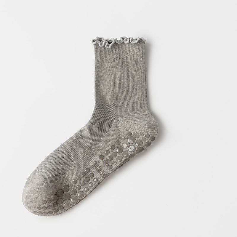 Solid Knit Lettuce Trim Crew Pilates Grip Socks - Grey